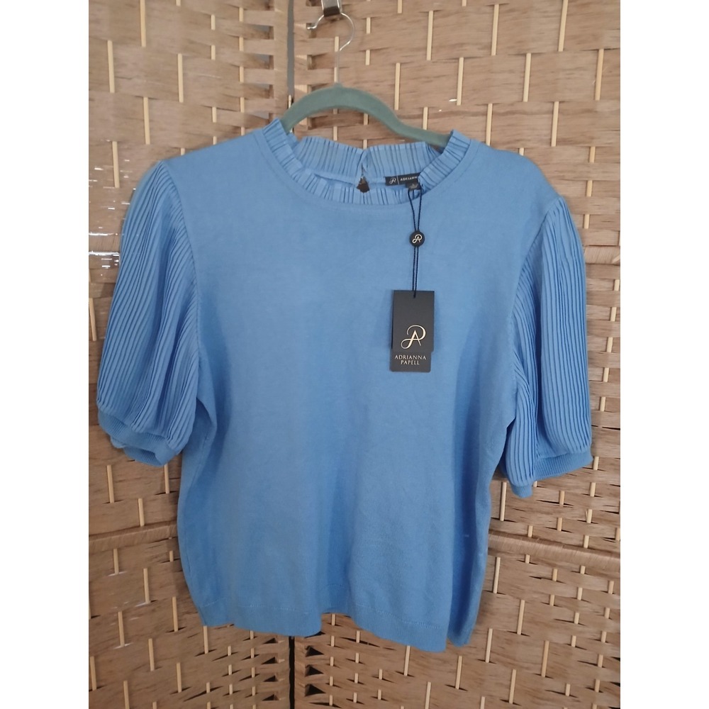 NWT Adrianna Papell Women's Pleated Puff Sleeve Knit Top In Tranquil Blue Sz L